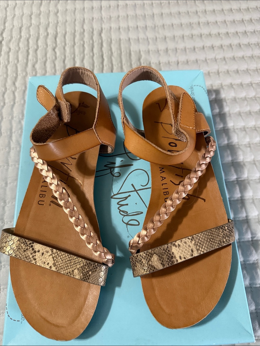 Blowfish Braided T-Strap Tan and Snake-Print Sandals